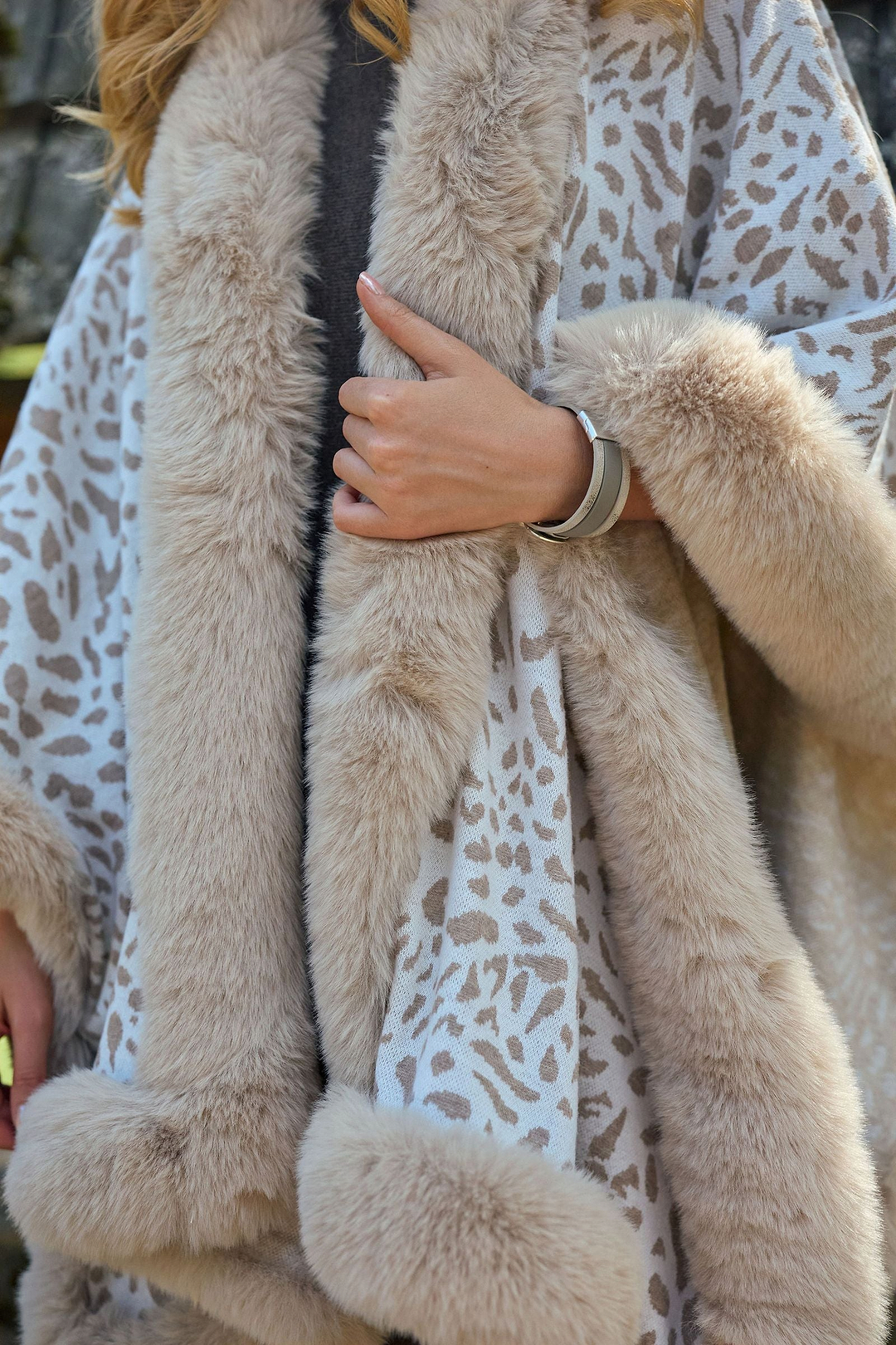 Animal Print Faux Fur Cape - Ivory