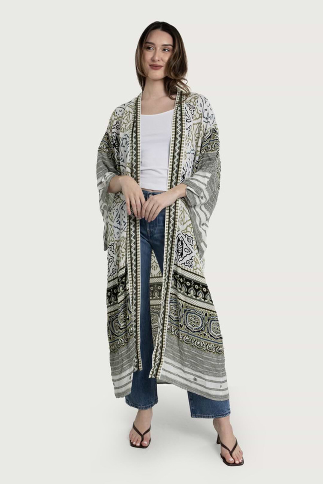 Mosaic Tile Pattern Kimono - White Combo