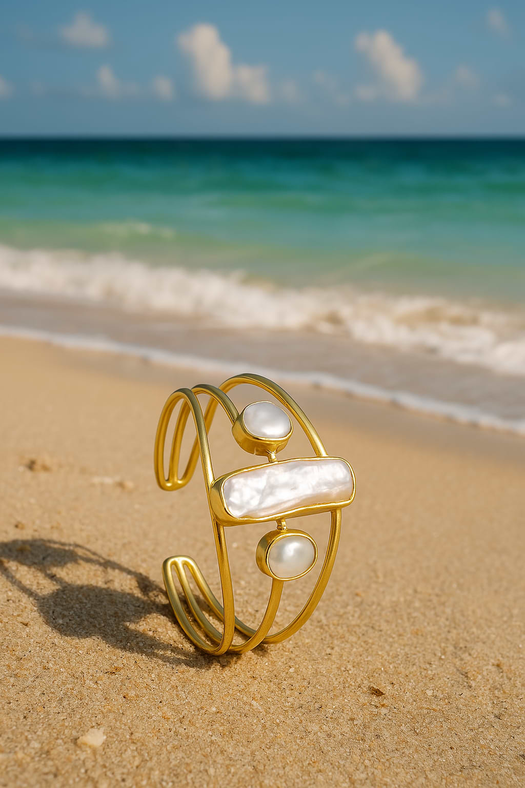 Tapered Geometric Freshwater Pearl Cuff - Gold