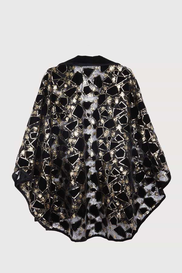 Velvet Sequin Collared Capelet - Black