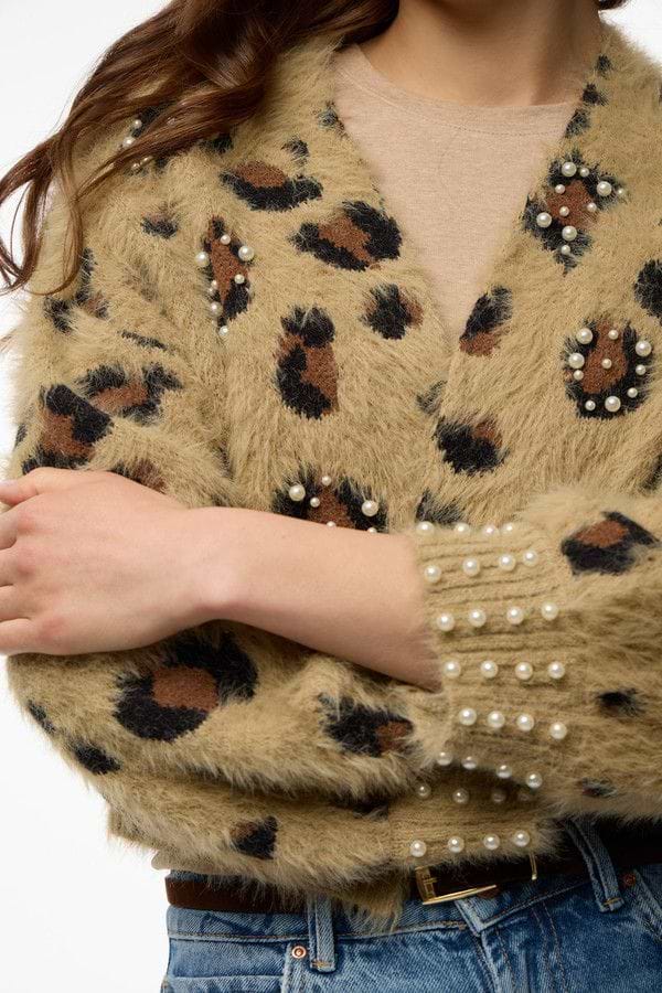Animal Print Pearl Cardigan - Brown