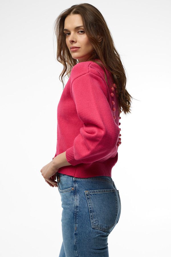 Heart Pom Pom Cardigan - Hot Pink