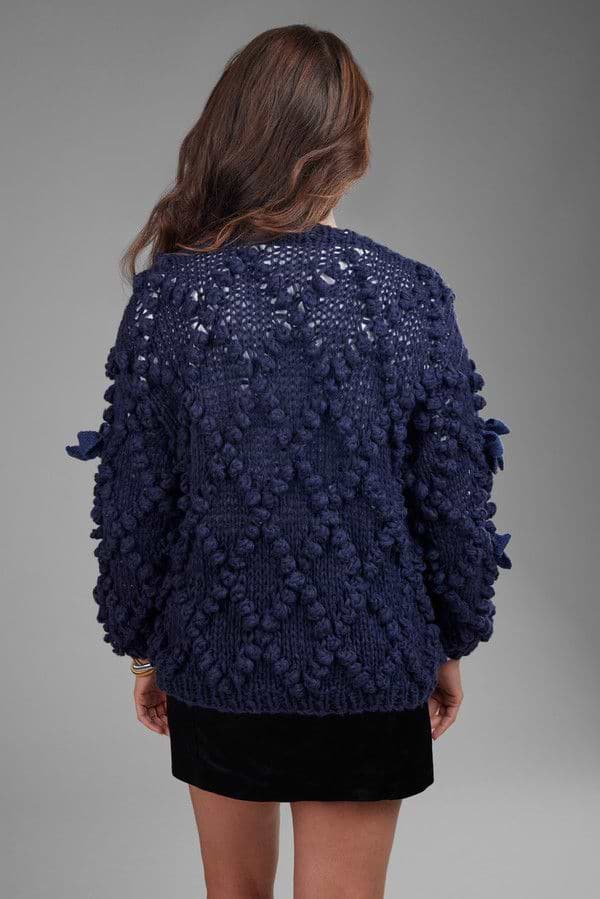 Textured  Bow Cardigan Sweater - Navy