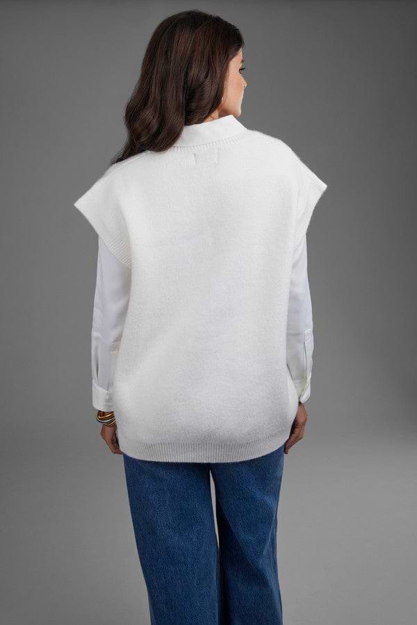 Cotton V Neck Sweater Vest White - White