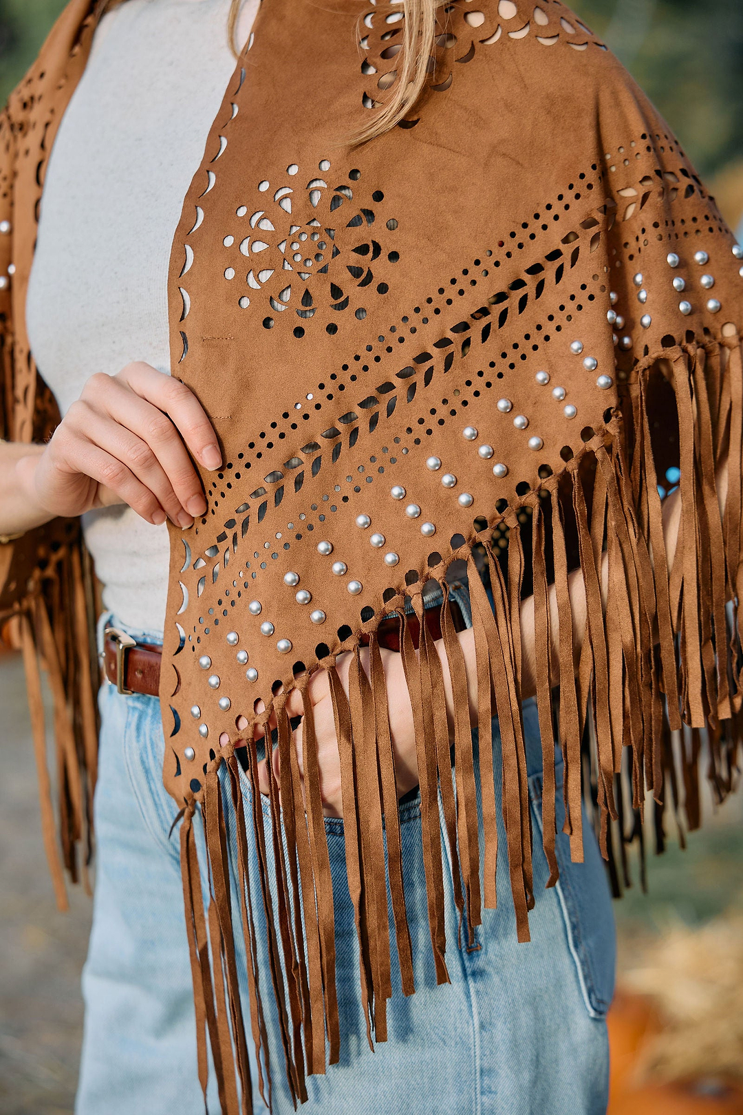 Paisley Laser Cut Fringe Triangle Wrap with Studs detail