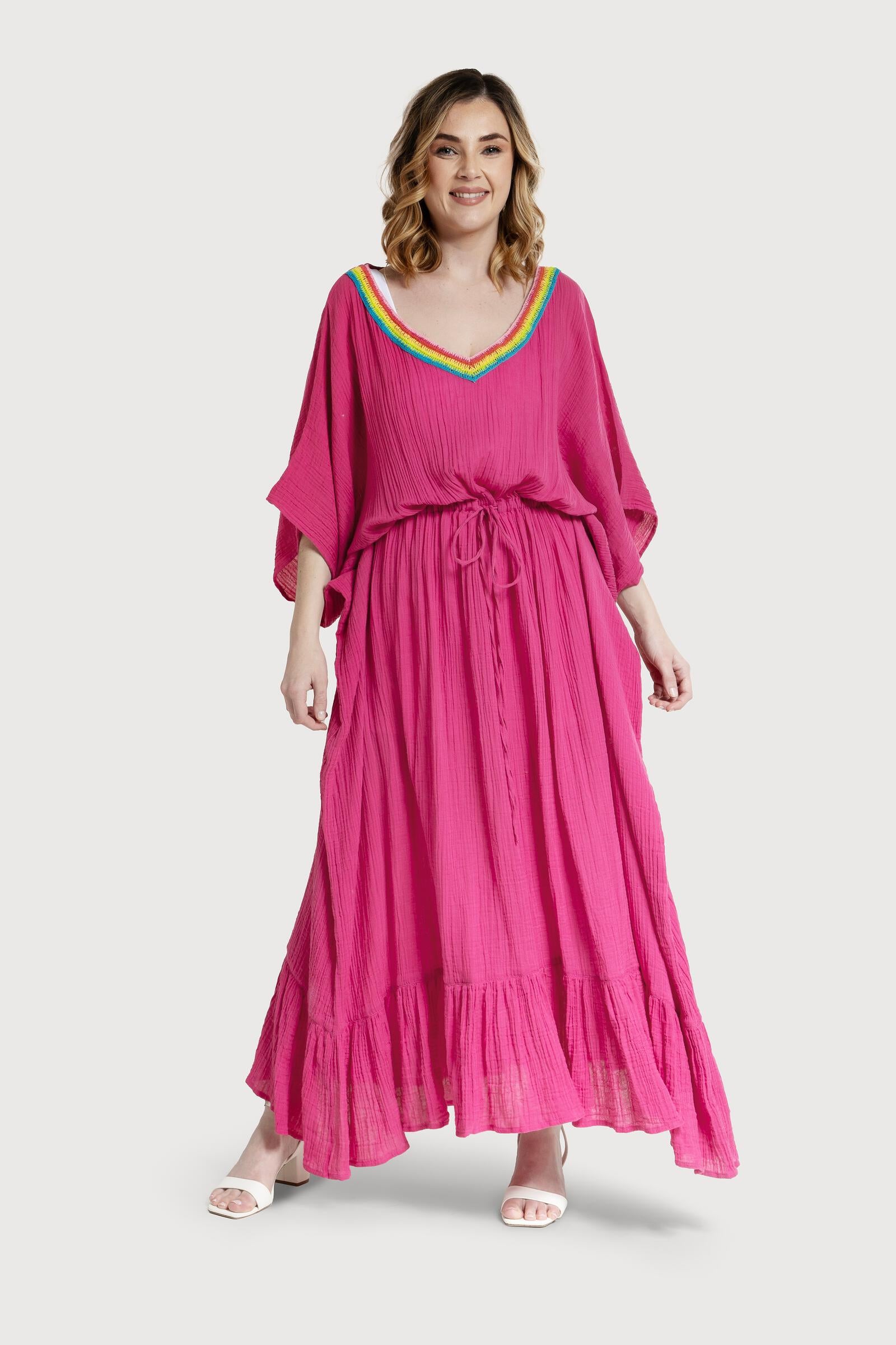 Crochet Rainbow Kaftan Maxi - Magenta