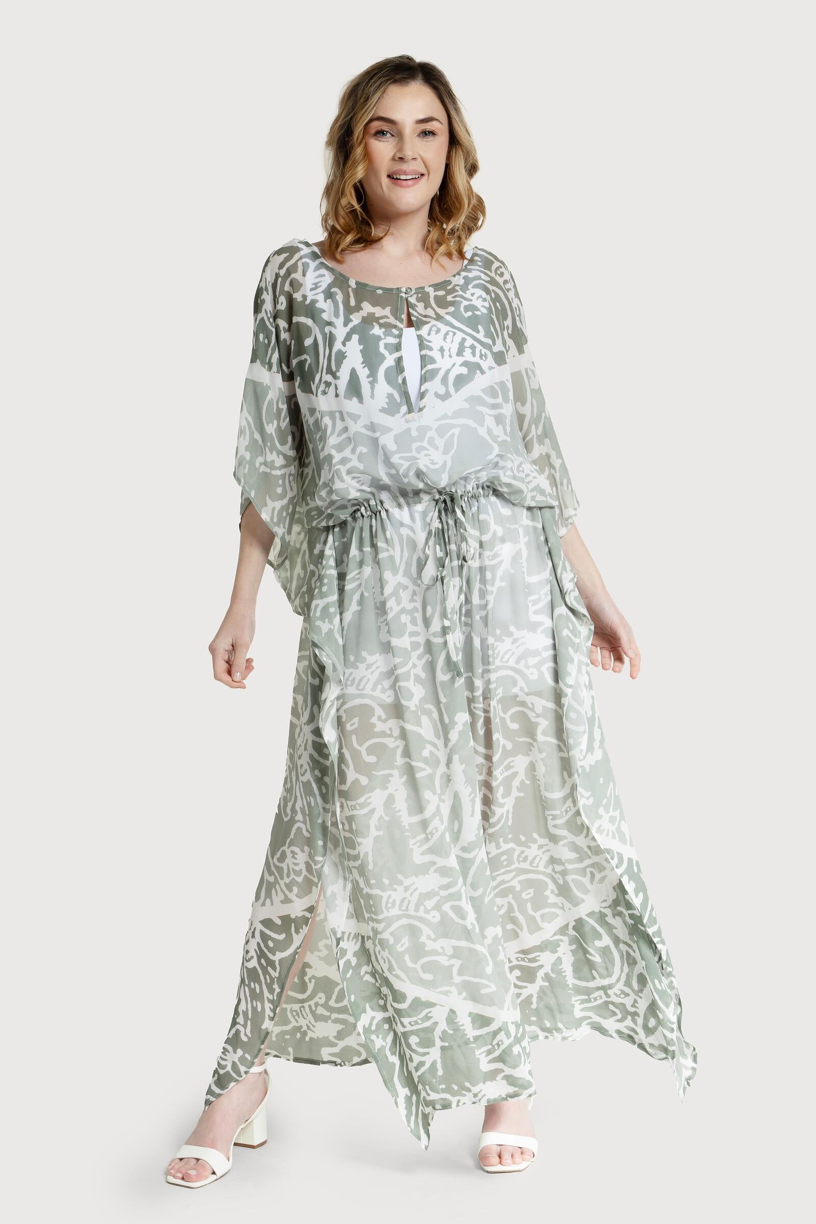 Floral Kaftan Tie Waist Monochrome - Green