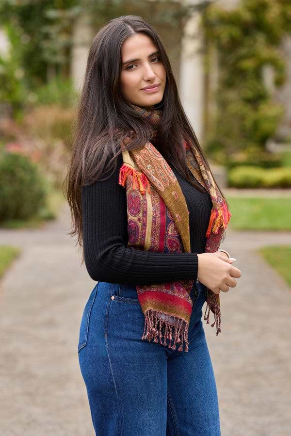 Floral Paisley Fringed Scarf - Light Brown