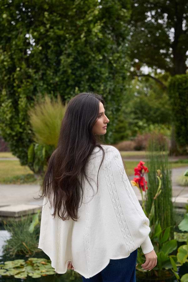 Turtleneck Sweater Cable Knit Poncho - White
