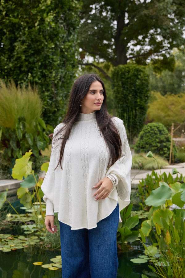 Turtleneck Sweater Cable Knit Poncho - White