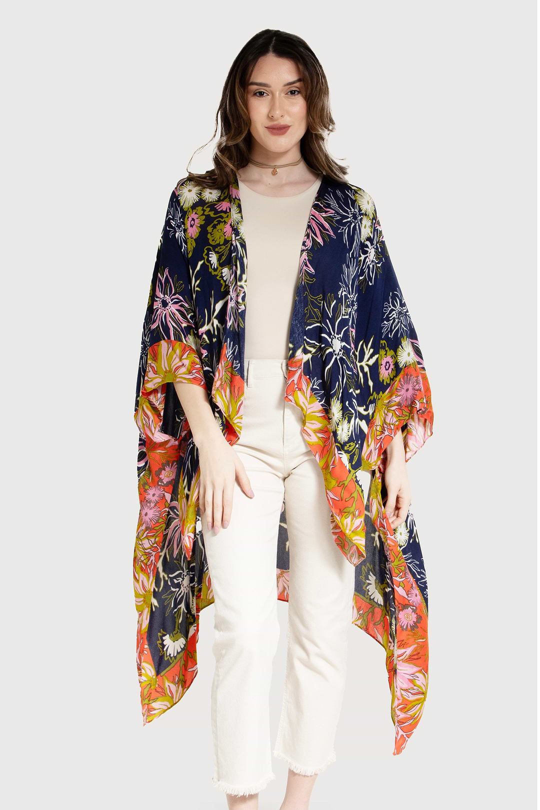 Vibrant Pattern Floral Kimono - Navy