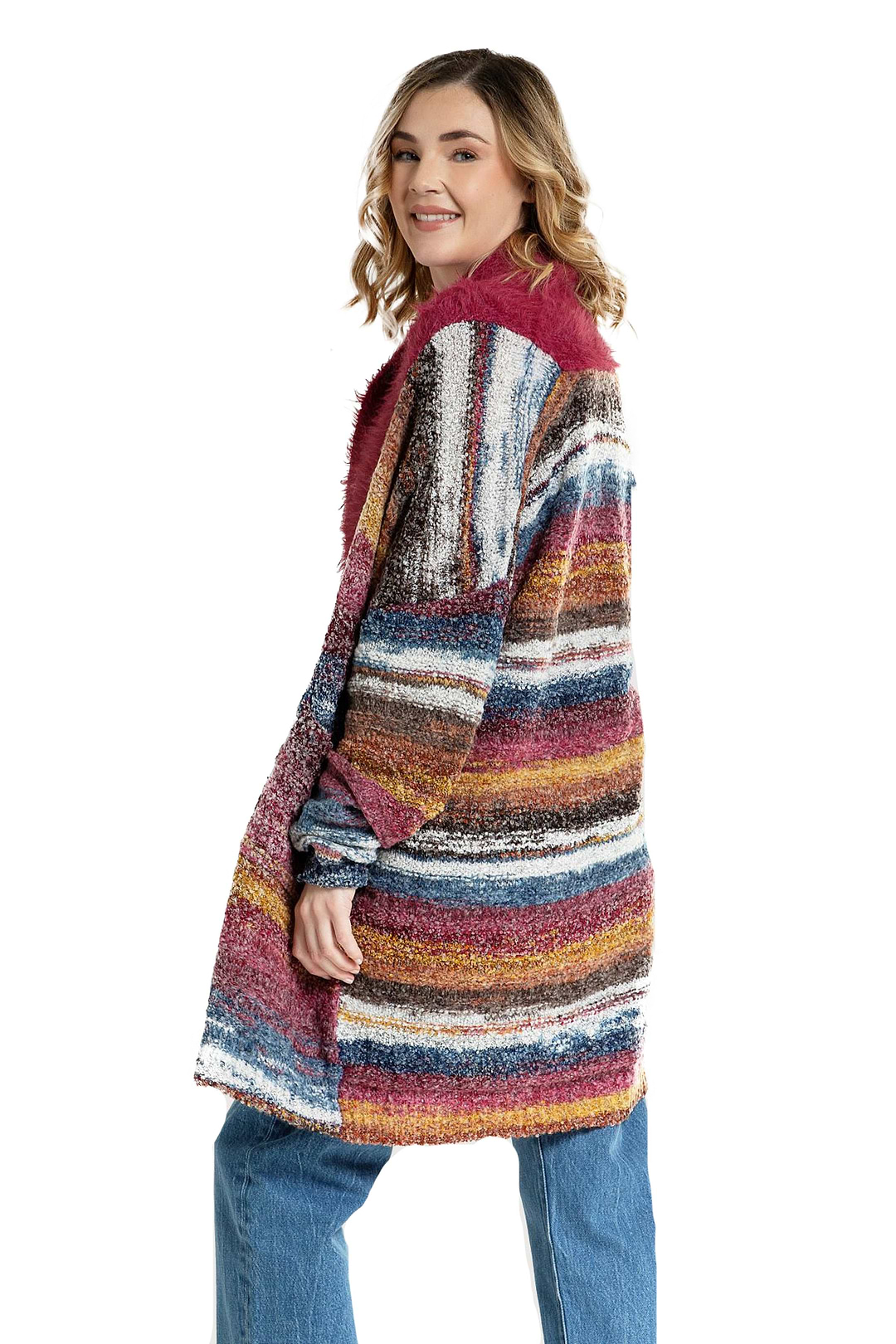 Fur Collared Long Cardigan Sweater - Indian Red