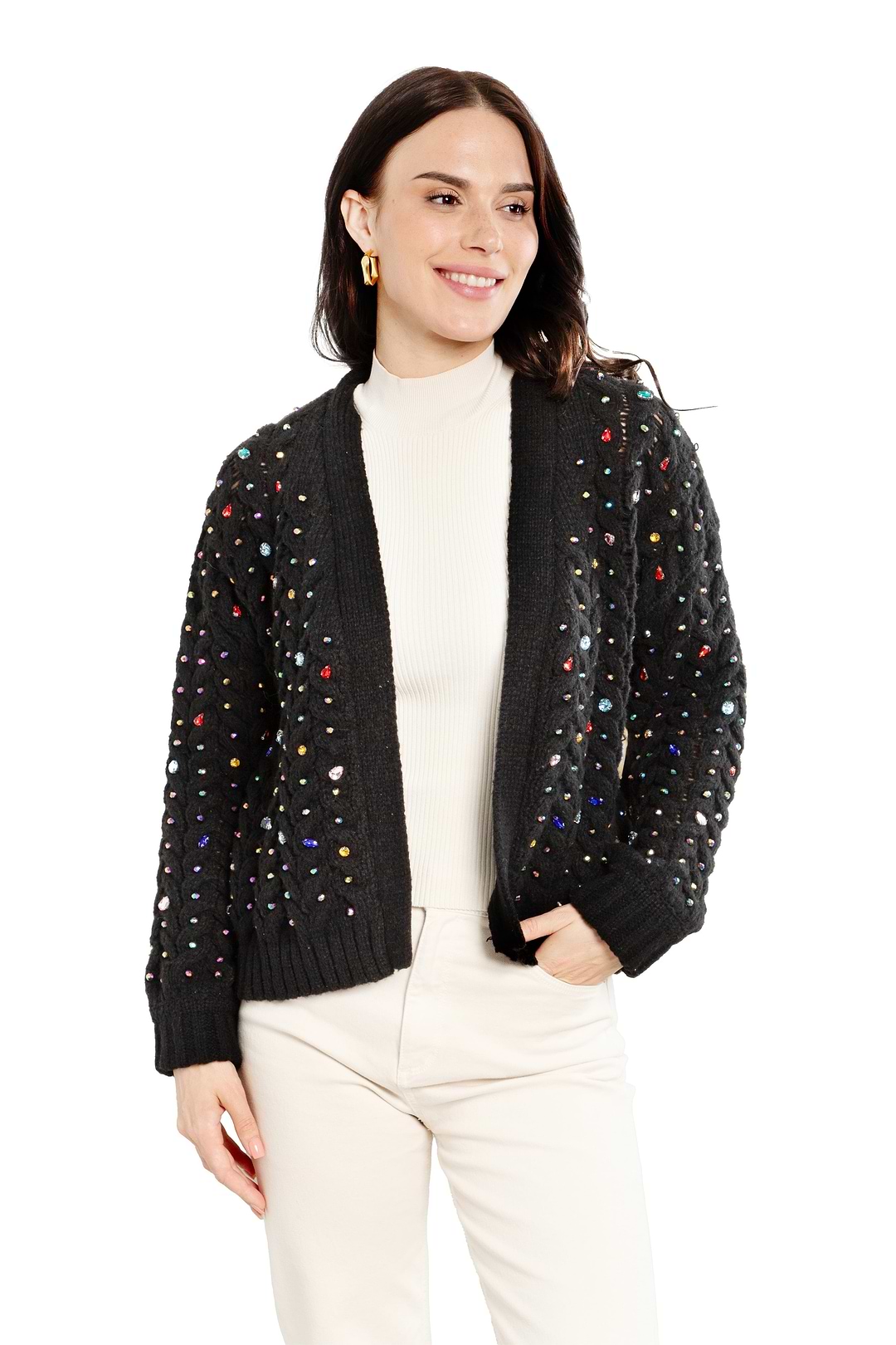 Cable Knit Cardigan Gemstone Pattern - Black