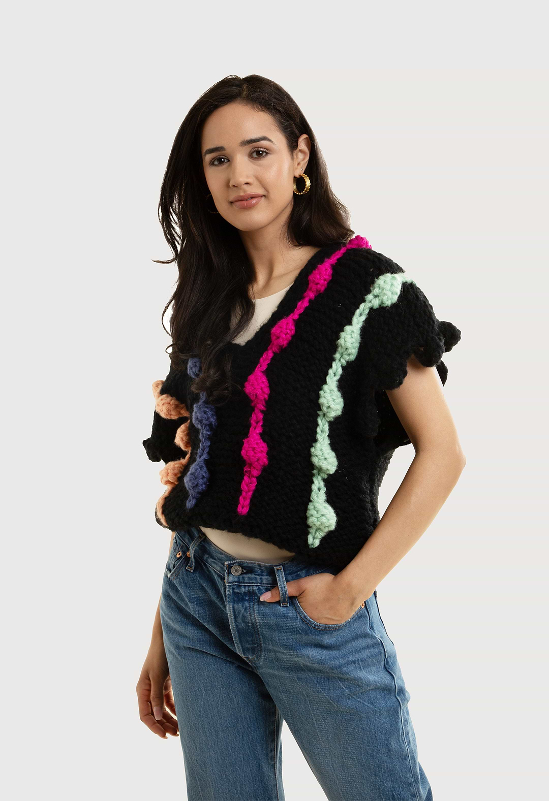Multi Chunky Knit Sweater Vest - Black