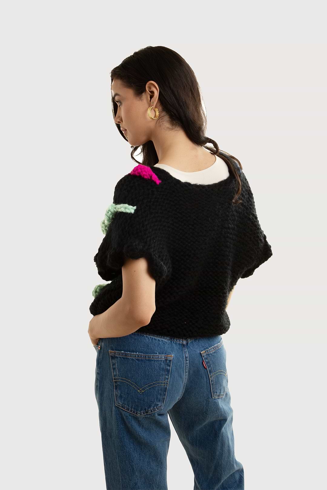 Multi Chunky Knit Sweater Vest - Black