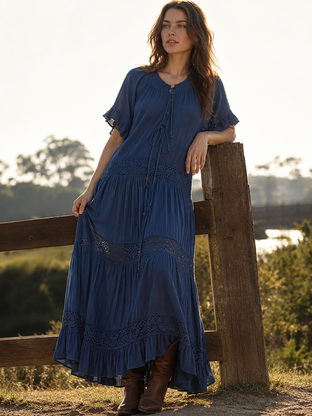 Cotton Long Kaftan Dress - Navy