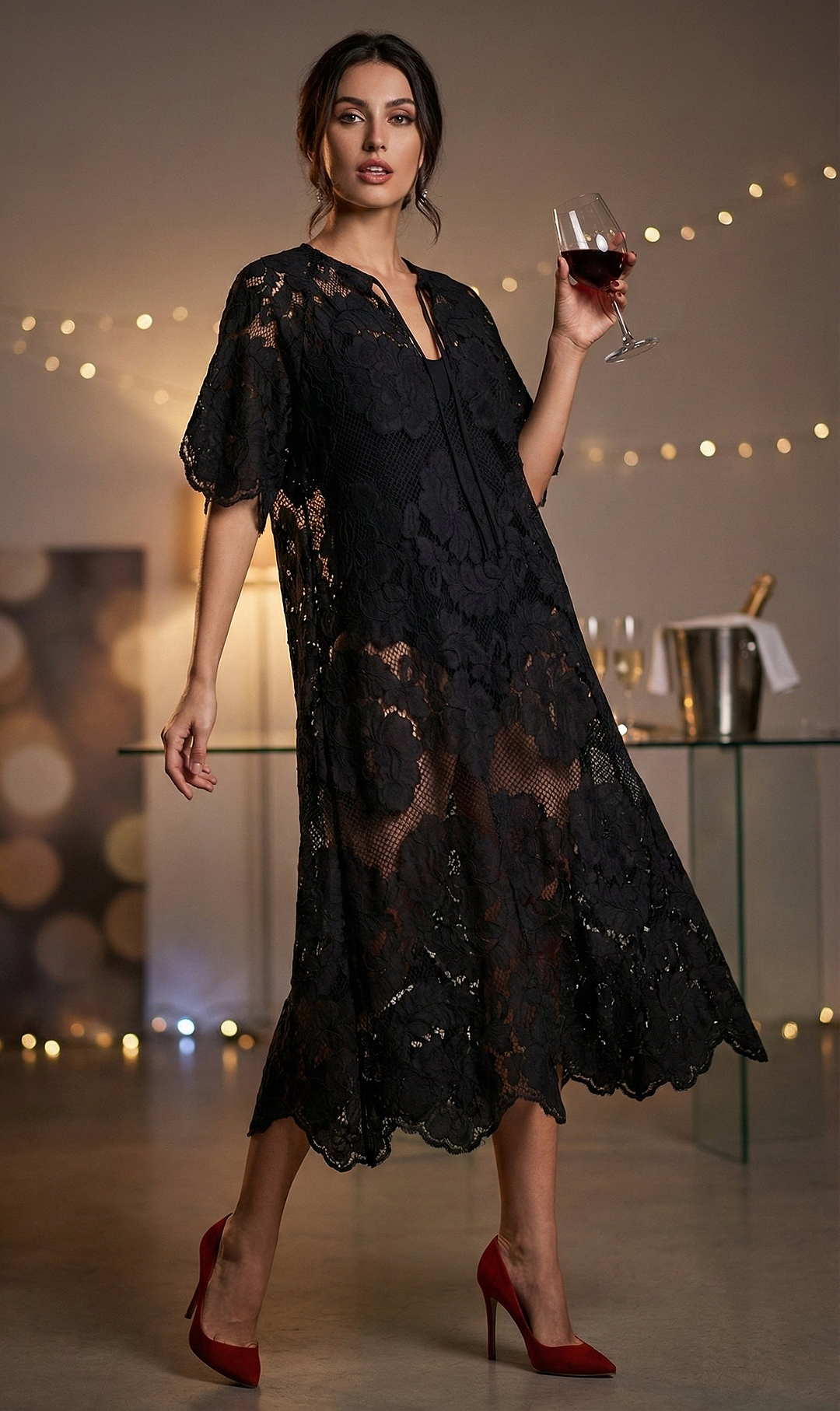 Floral Mesh Lace Kaftan - Black