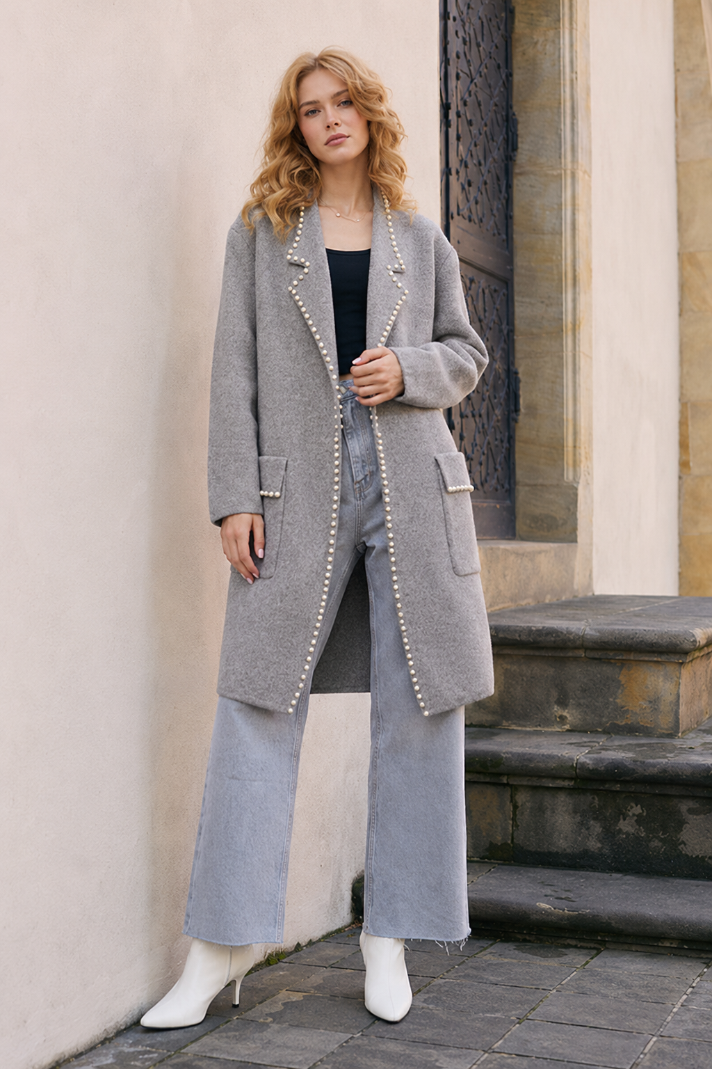 Pearl Trim Long Knit Blazer - Grey