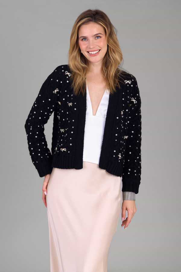Bow Jeweled Cardigan - Black