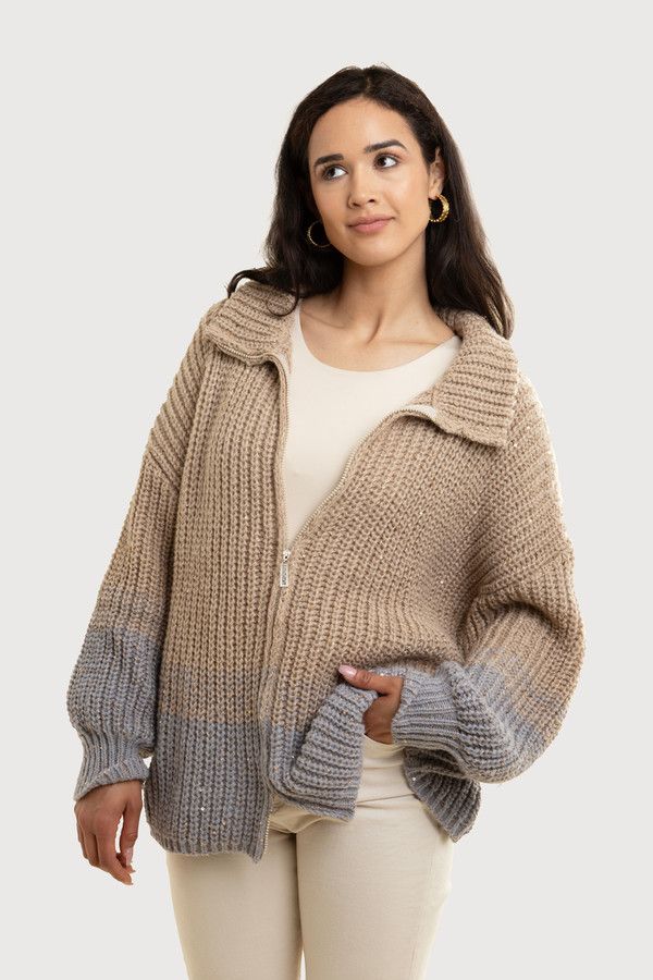 Zip Up Sequin Cardigan - Beige