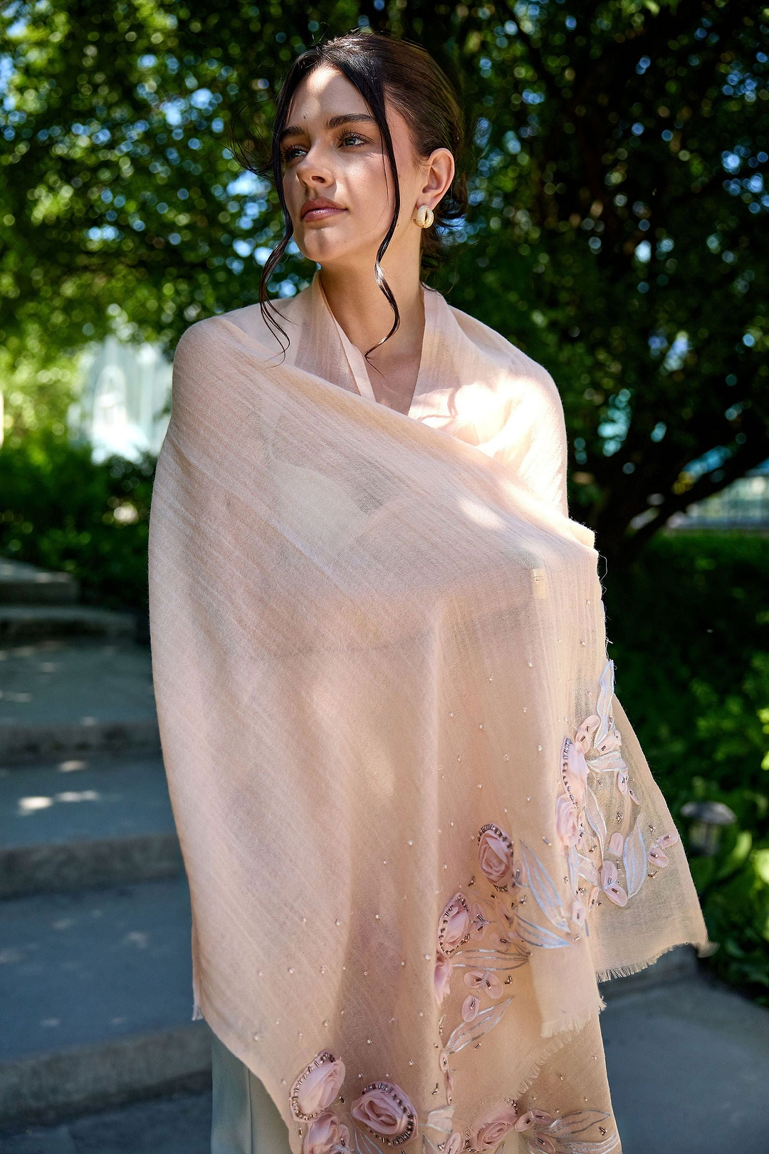3D Floral Embellished Wool Scarf - Pastel Pink
