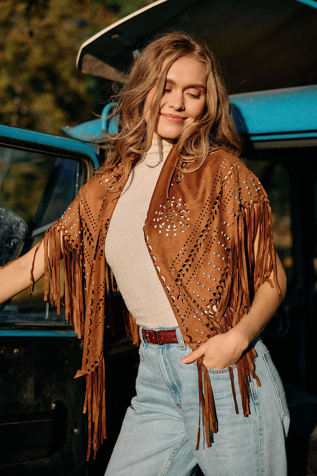 Paisley Laser Cut Fringe Triangle Wrap with Studs