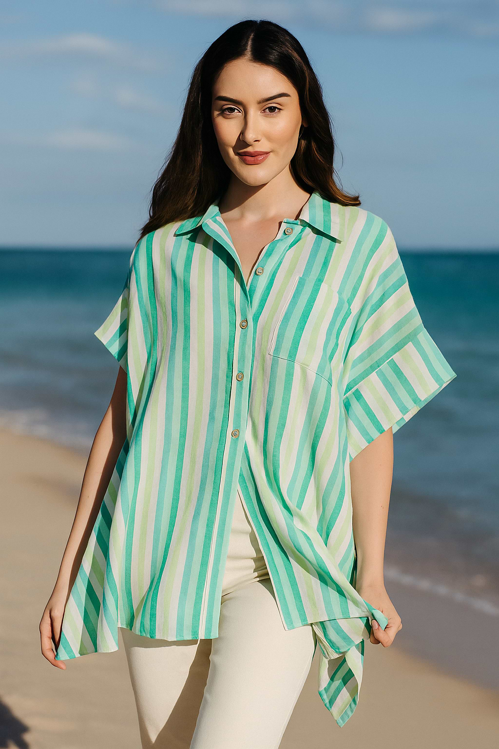 Oversized Striped Linen Cotton Shirt Green
