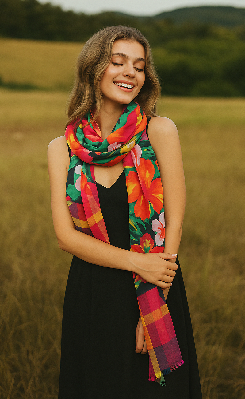 Floral Plaid Scarf Dark Multi