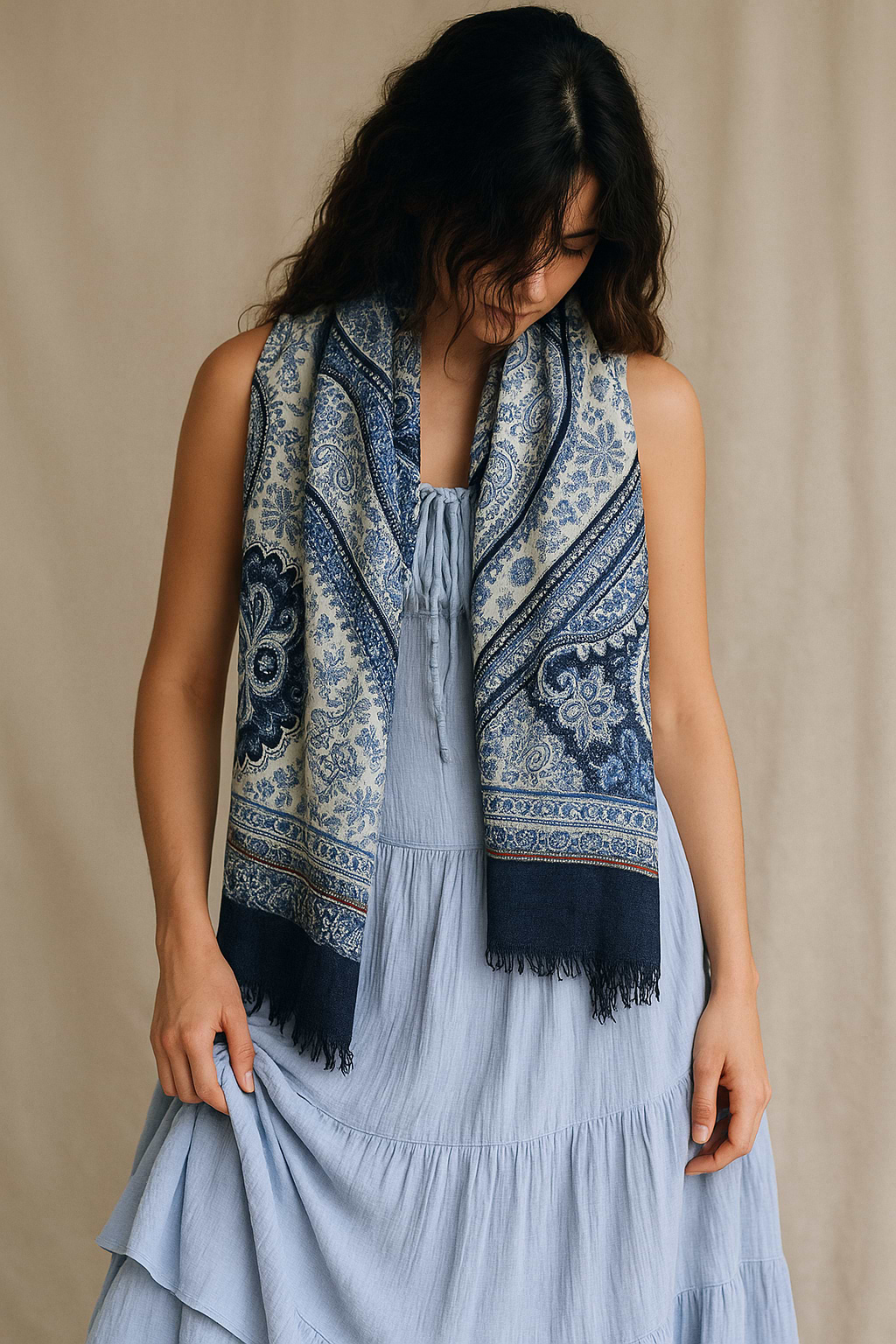 Paisley Patchwork Frayed Scarf - Corn Flower Blue