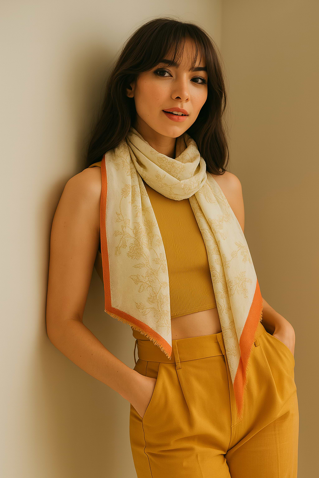 Gold Flake Floral Scarf Old Lace