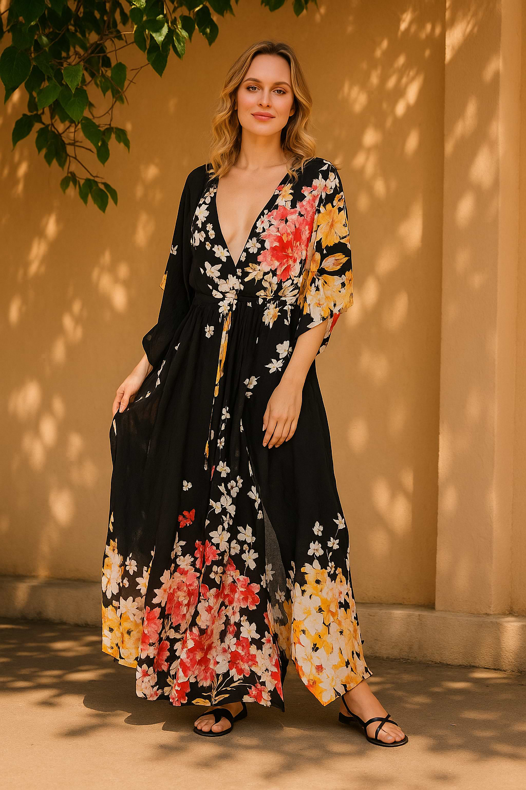 Multicolored Fiore Tie Waist Keyhole Kaftan - Black Combo