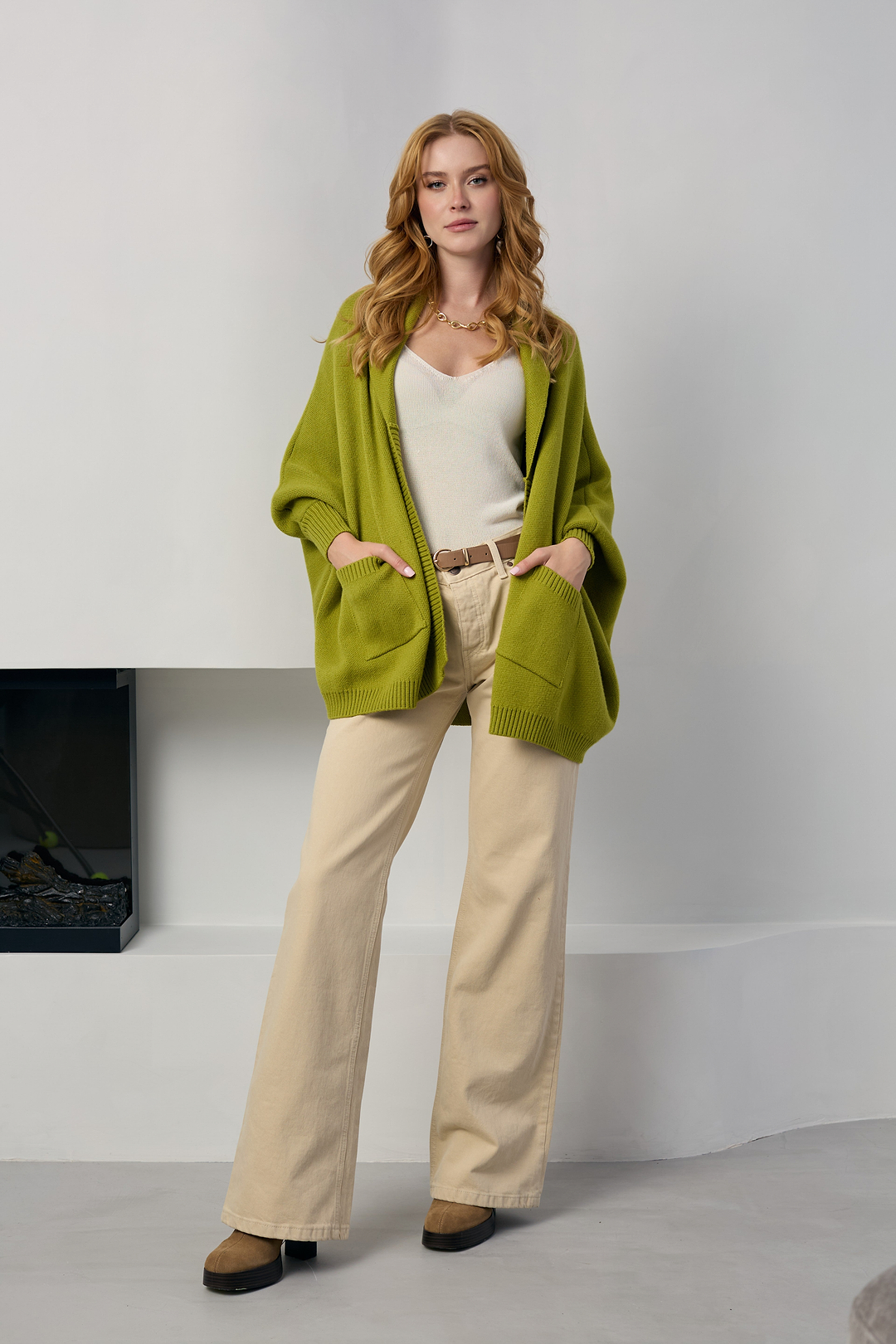 Open Front Oversized Cardigan Sweater - Lime
