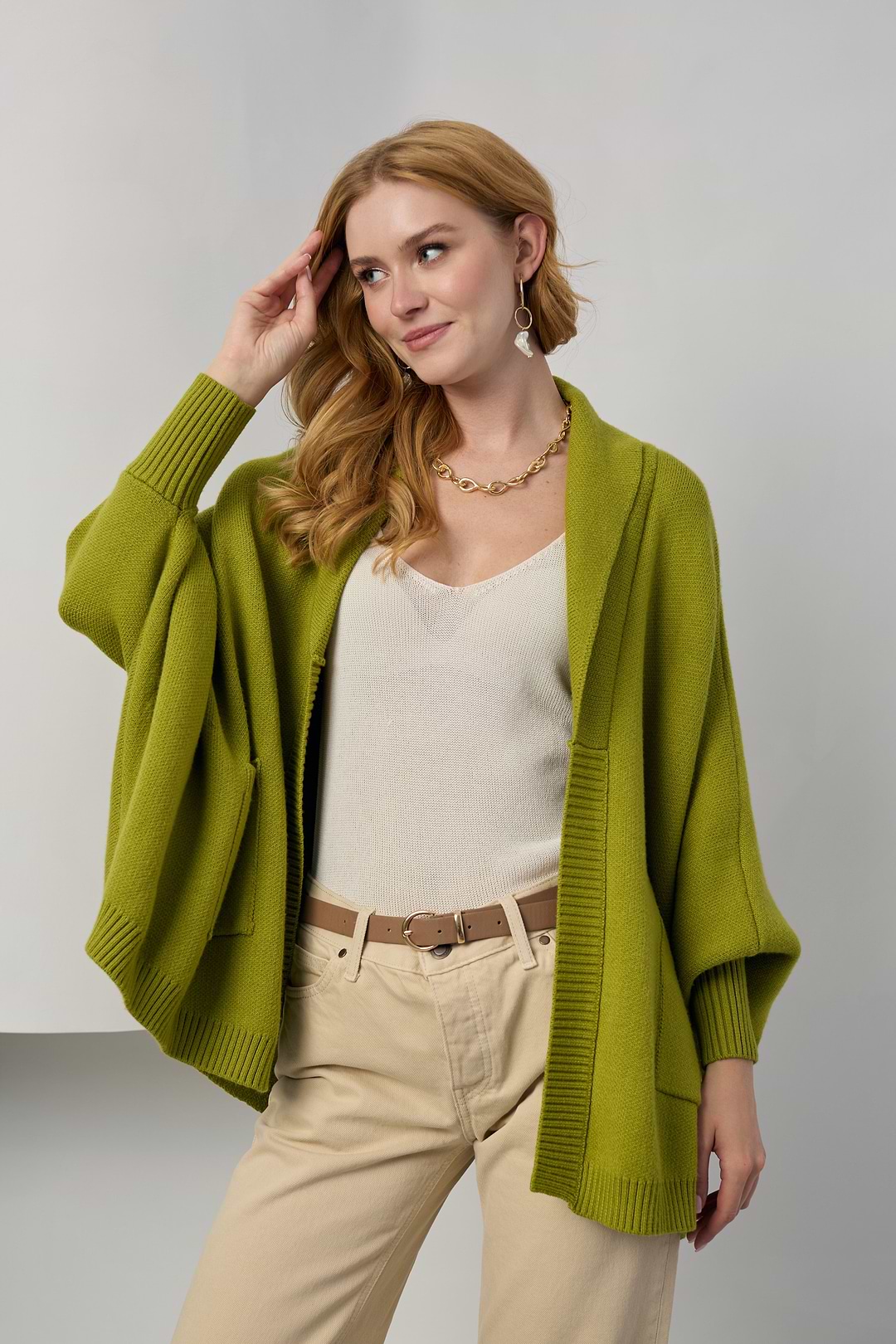 Open Front Oversized Cardigan Sweater - Lime