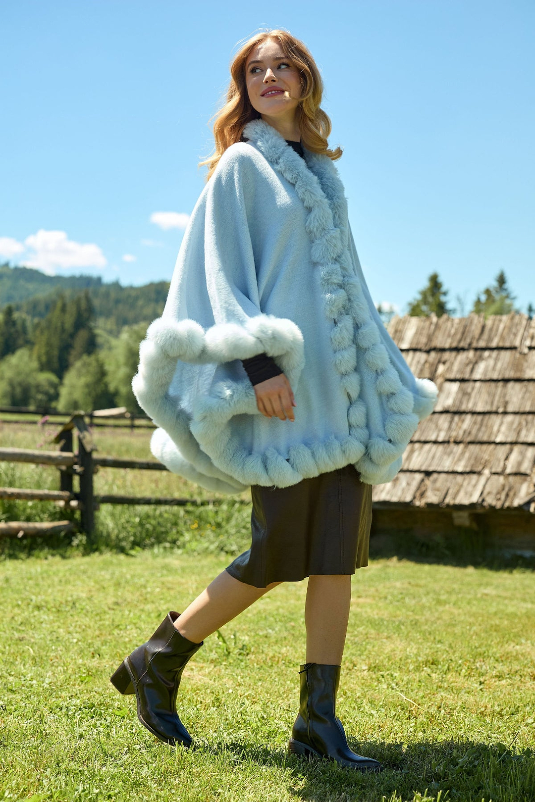 Faux Fur Cape Kimono - Light Blue