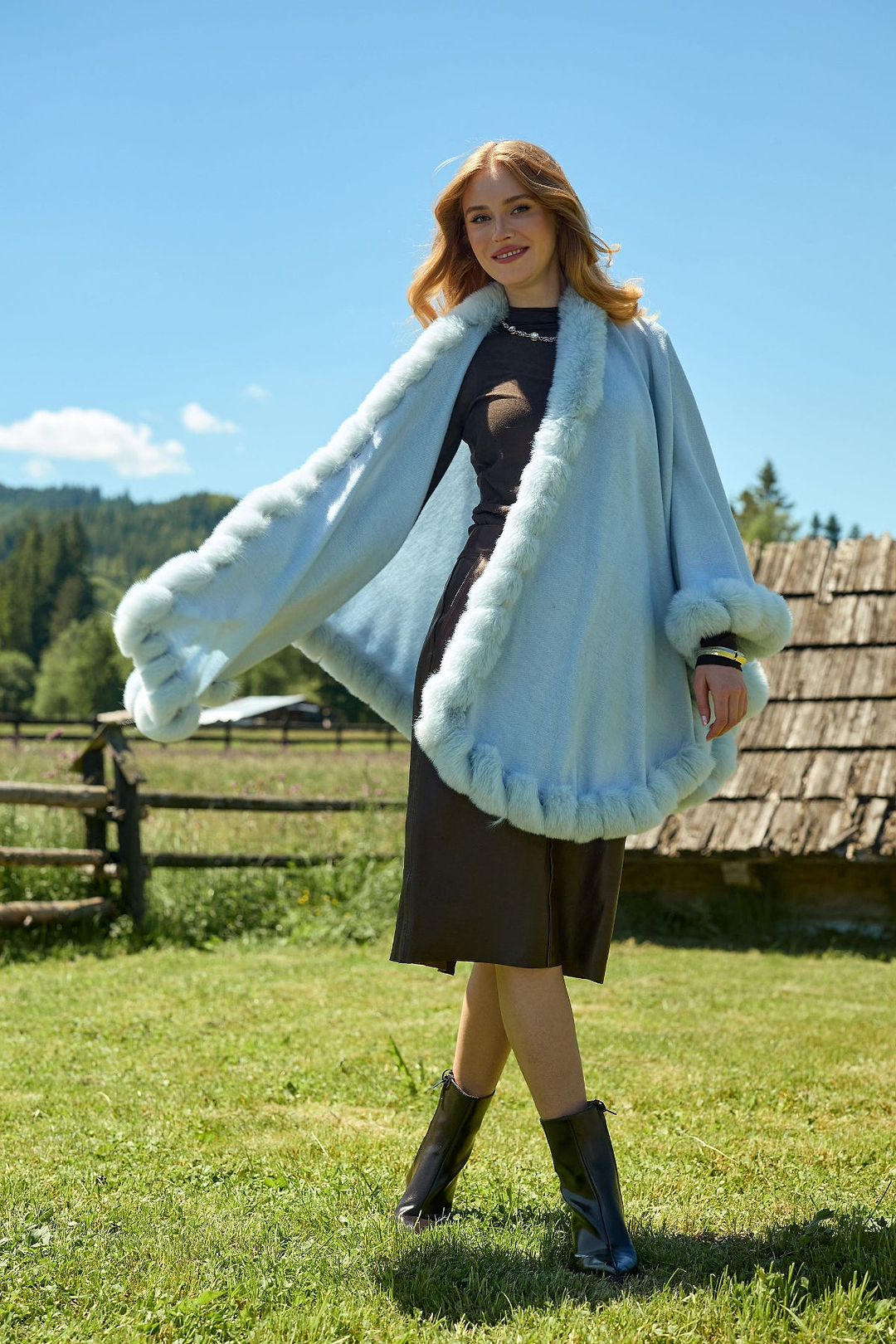 Faux Fur Cape Kimono - Light Blue