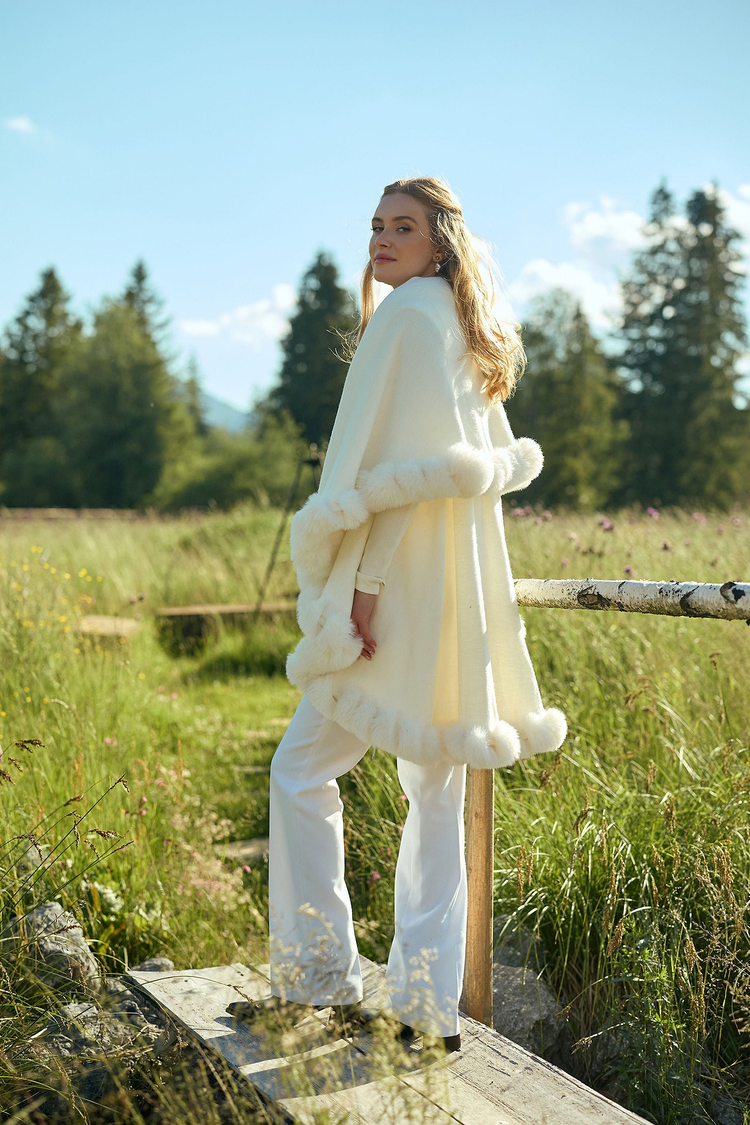 Layered Kimono Faux Fur Cape - White