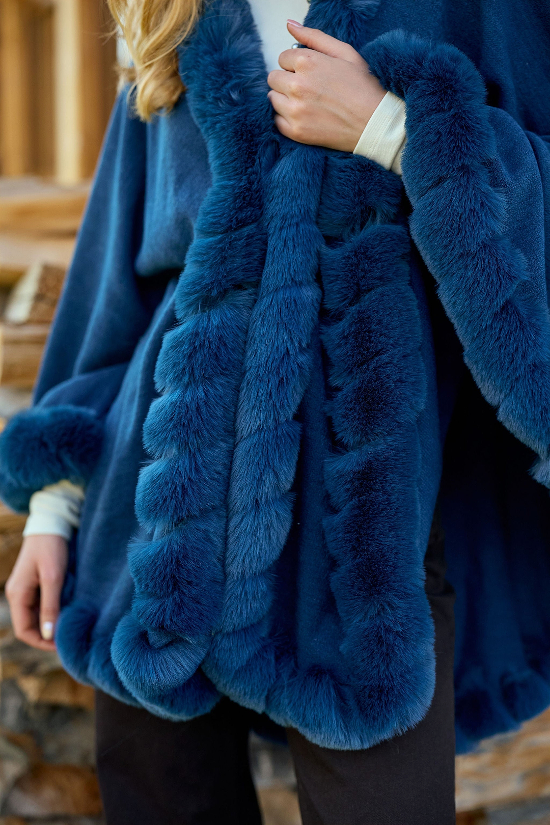 Faux Fur Cape Kimono - Dark Blue