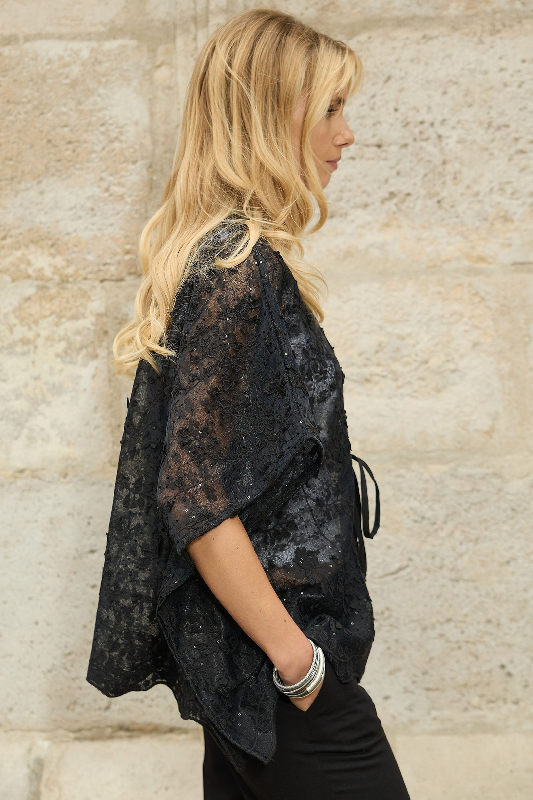 Floral Lace Tie Front Ruana - Black