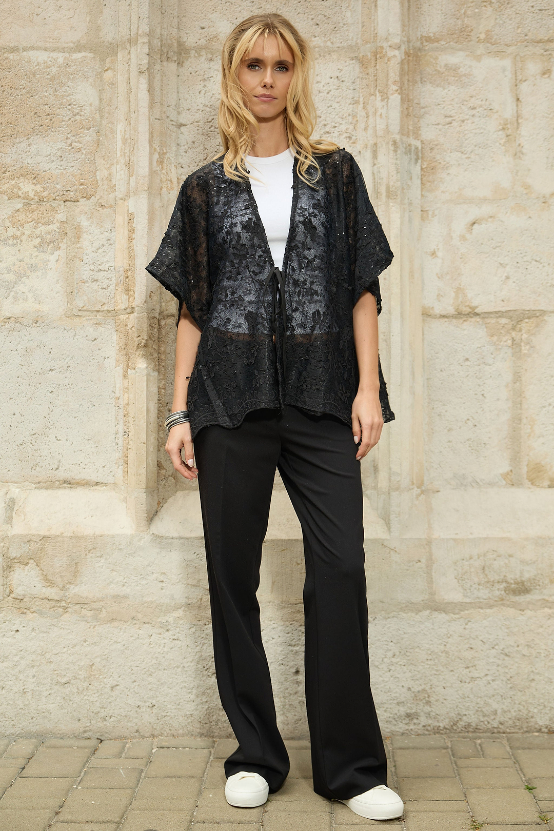 Floral Lace Tie Front Ruana - Black