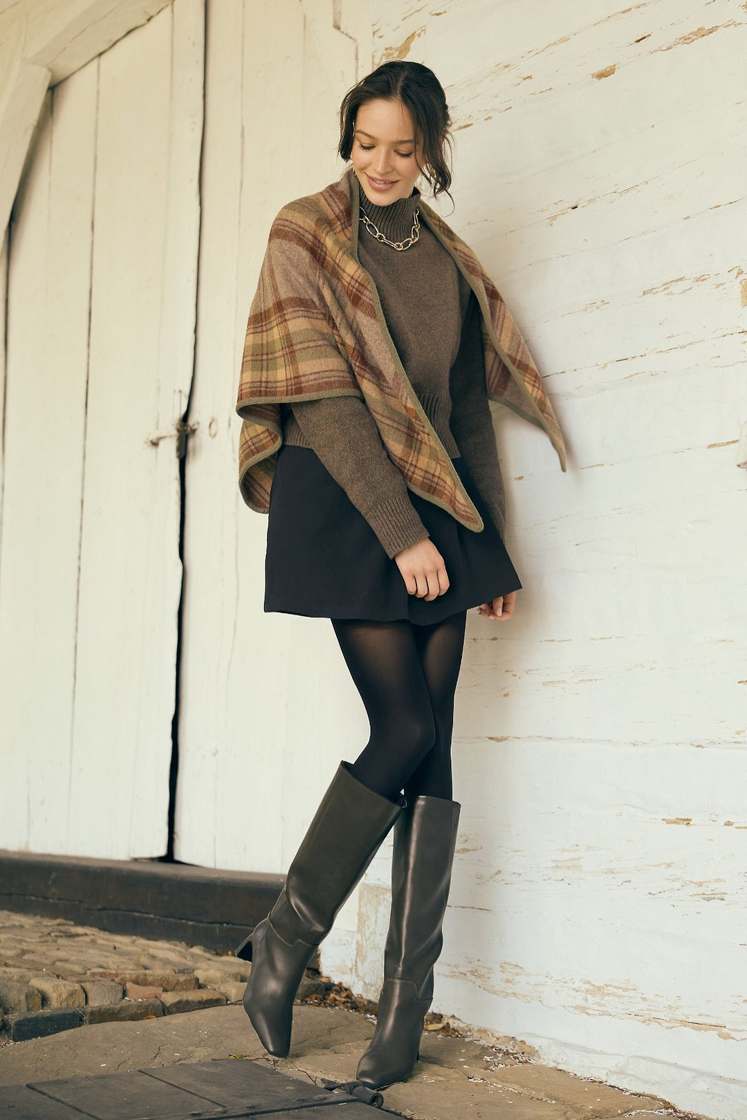 Plaid Wool Triangle Scarf - Grey