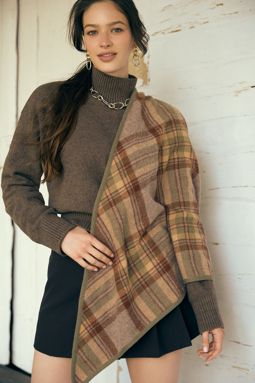 Plaid Wool Triangle Scarf - Grey