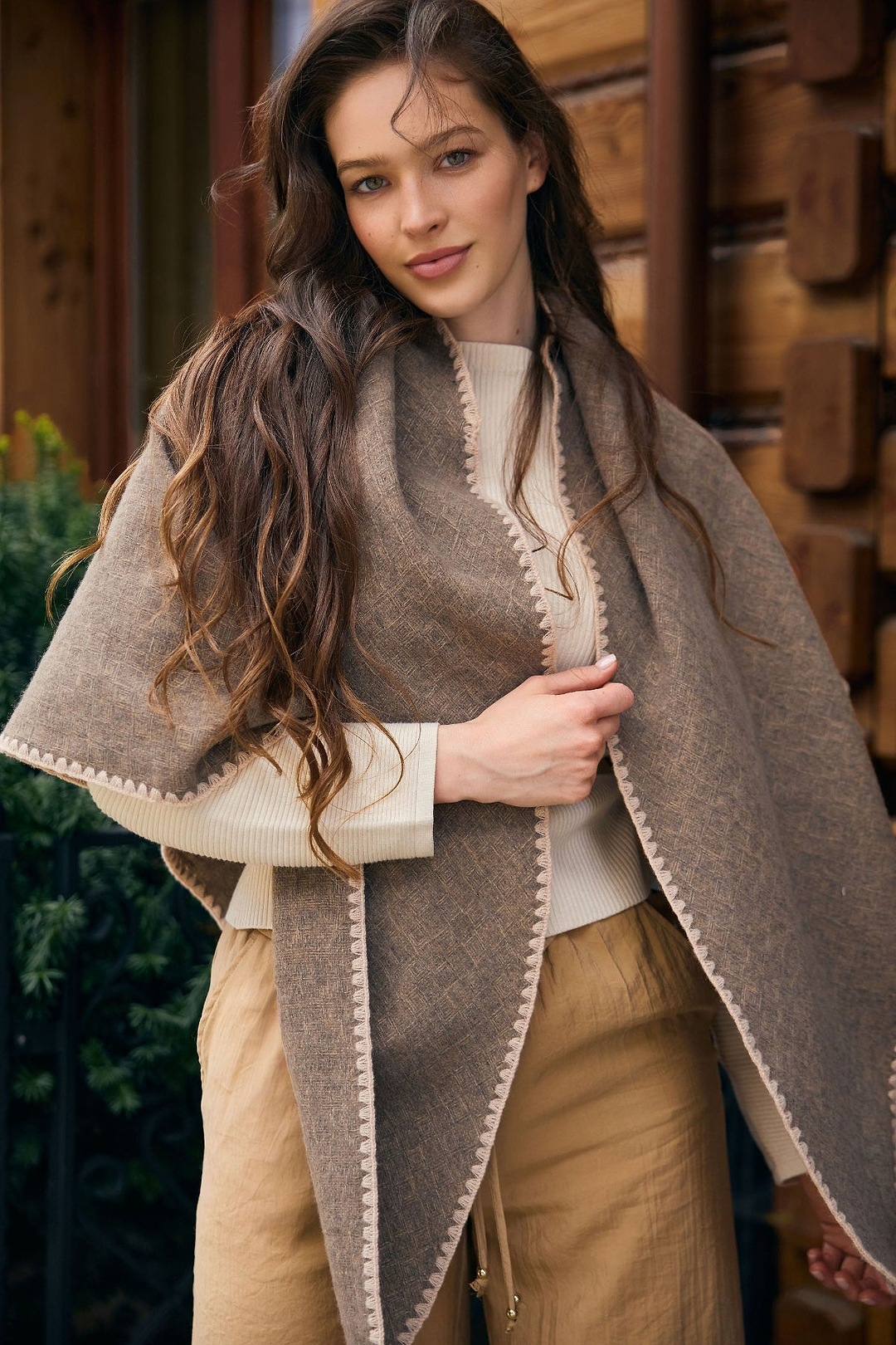 Knitted Triangle Shawl Wrap - Taupe