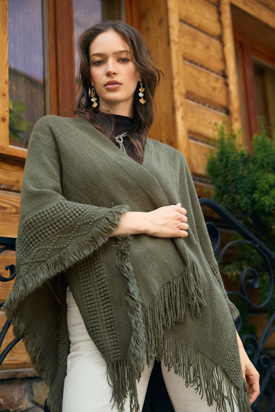 Fringed Trim Kimono - Green