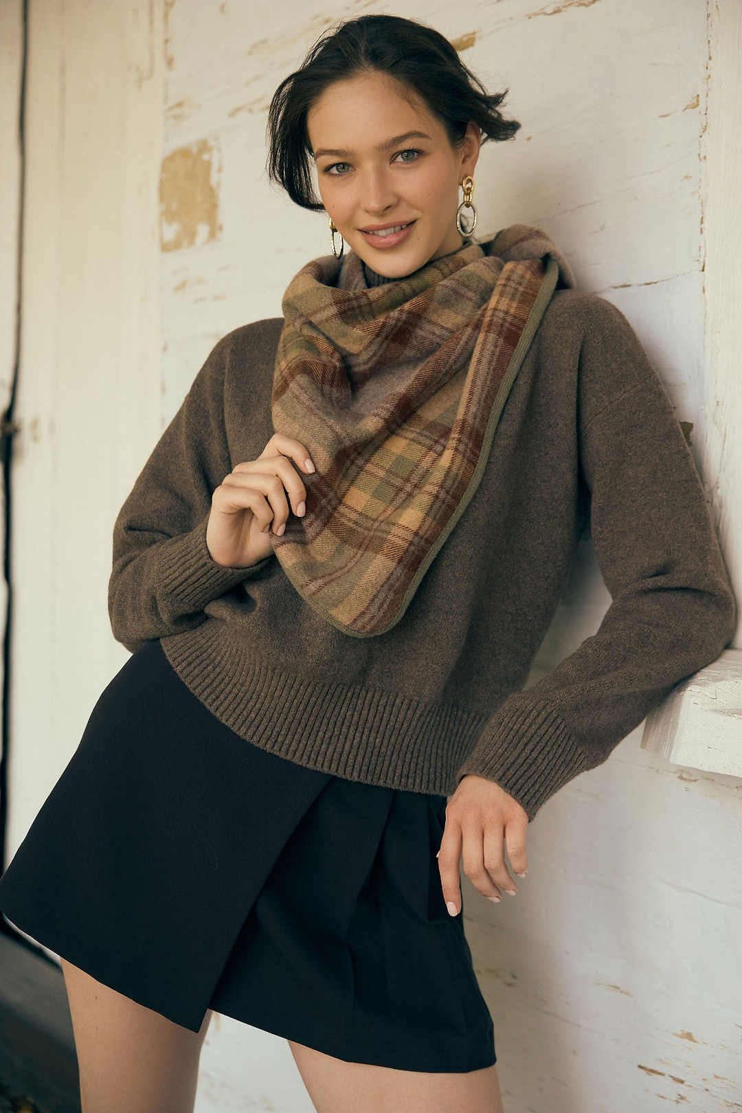 Plaid Wool Triangle Scarf - Grey