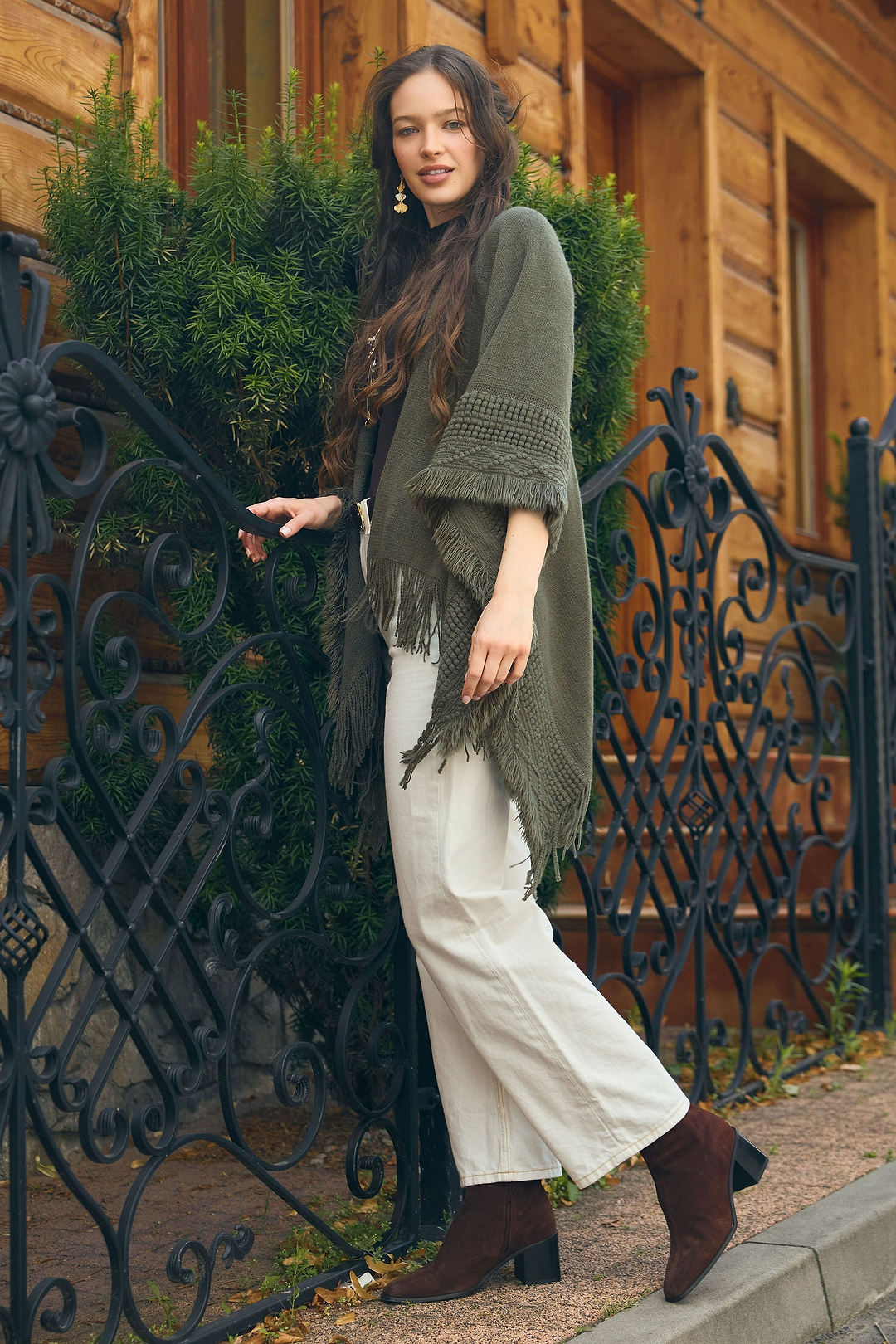 Fringed Trim Kimono - Green