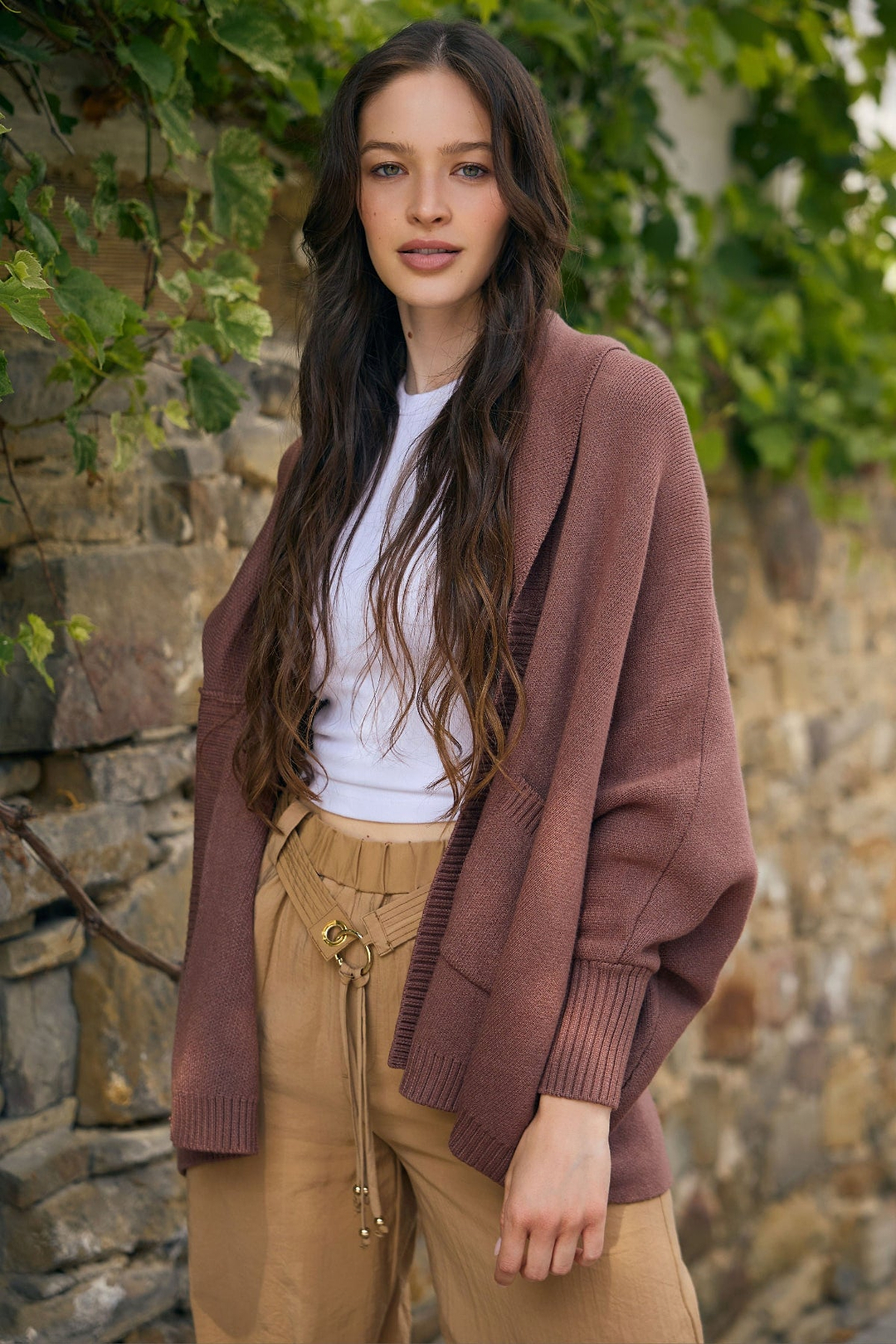 Open Front Oversized Cardigan- Brown