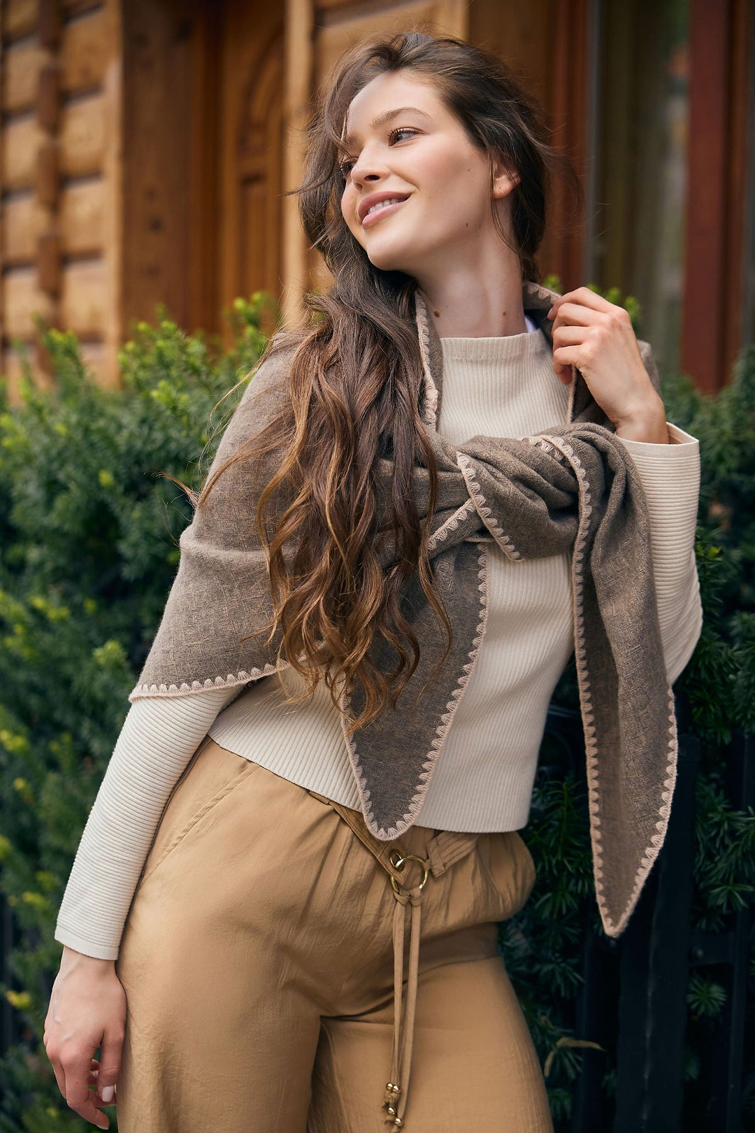 Knitted Triangle Shawl Wrap - Taupe