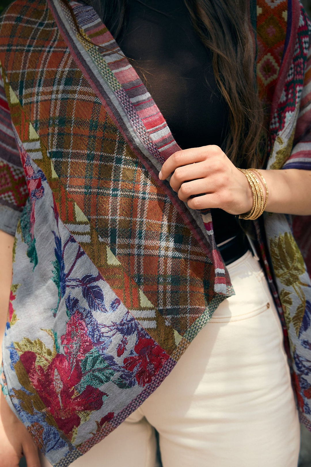 Floral Geometric Short Open Poncho - Dark Multi