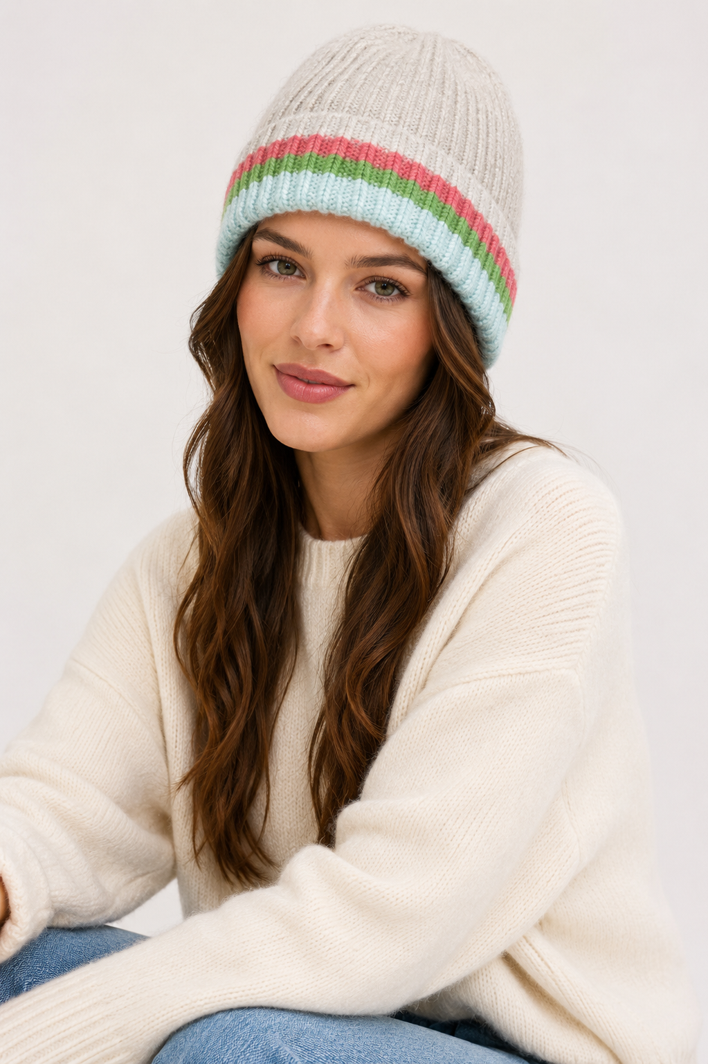 Striped Knit Beanie Hat - Natural