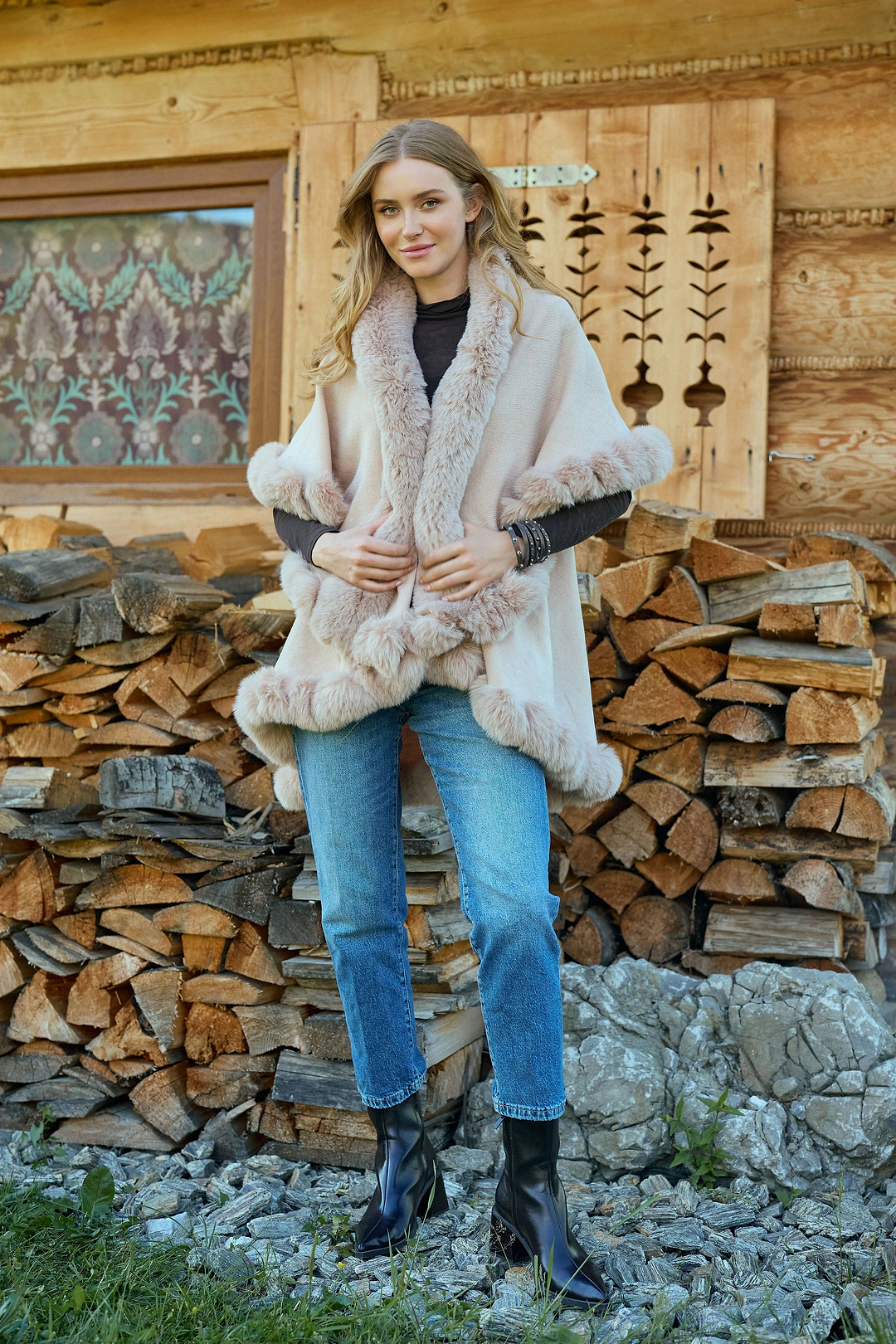 Layered Faux Fur Cape Kimono - Pink